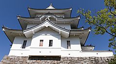 Il Castello di Ueno in Giappone sotto un cielo blu.