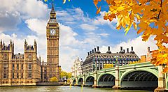 Il Big Ben e il Parlamento di Londra con foglie autunnali.