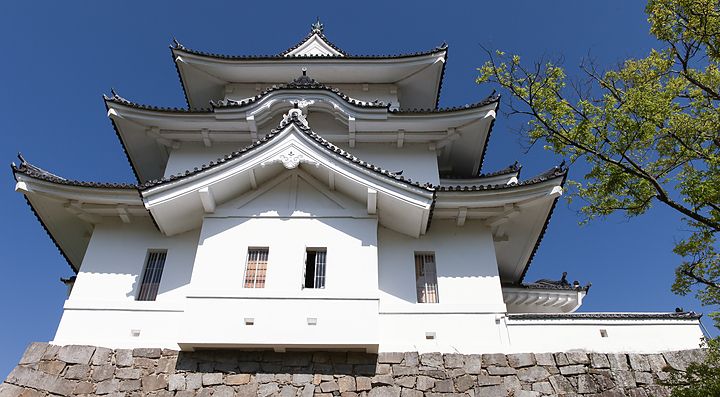 Il Castello di Ueno in Giappone sotto un cielo blu.