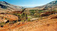 Paesaggio collinare del Madagascar con vegetazione sparsa.