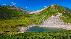 Lago ai piedi del Monte Norikura circondato da montagne verdi e cieli blu.