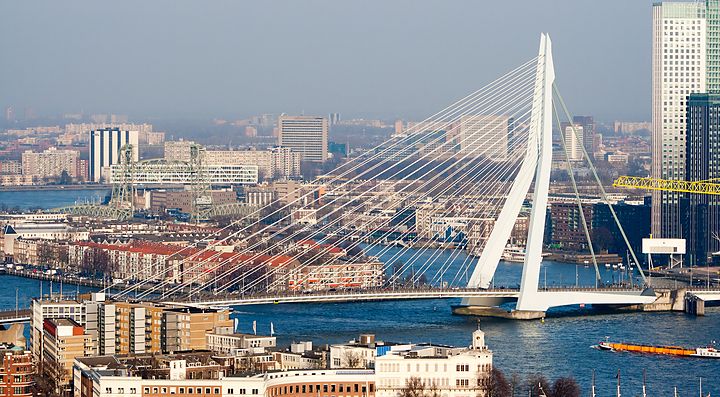 Panorama urbano di Rotterdam con il ponte Erasmus sopra il fiume.
