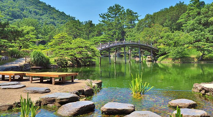 Il giardino Ritsurin con laghetto e ponte di legno immerso nella natura.