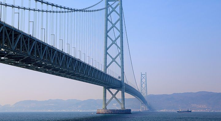 Ponte Akashi-Kaikyo in Giappone con panorama marino.