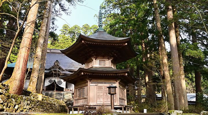 Il Tempio Eiheiji circondato da alberi verdi.