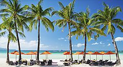 Spiaggia tropicale delle Filippine con palme e sedie a sdraio.
