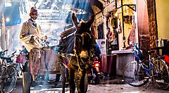 Un uomo guida un asino carico in un vivace mercato in Marocco.