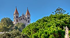 Cattedrale di Messina con torri affiancate, alberi e statua.