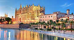 La Cattedrale di Palma di Maiorca illuminata al tramonto con palme lungo il lungomare.