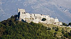 Castello medievale su collina boscosa a Salerno.