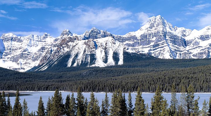 Montagne innevate in Canada con foresta di conifere in primo piano.