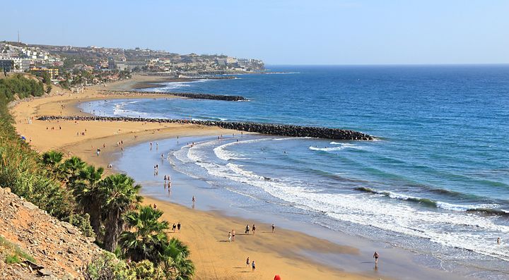 Spiaggia dorata e mare blu a Gran Canaria con palme e persone.