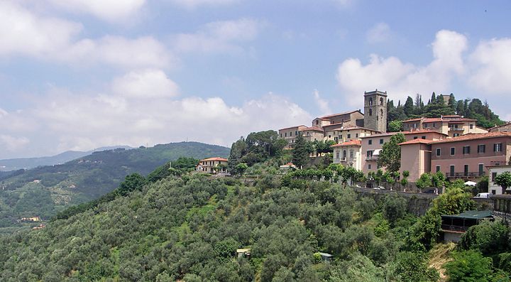 Vista panoramica di Montecatini Terme con colline verdi e architettura storica.