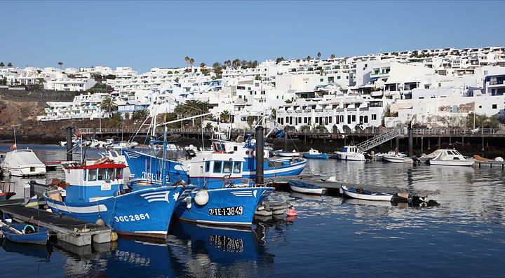 Barche ormeggiate nel porto di Puerto del Carmen con case bianche sullo sfondo.