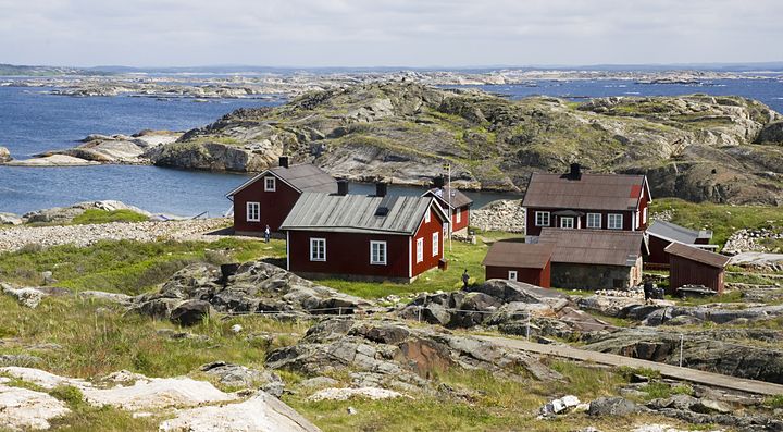 Case rosse tradizionali su una costa rocciosa in Svezia.