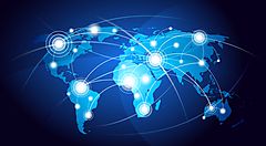 Mappa mondiale blu con connessioni globali interconnesse.