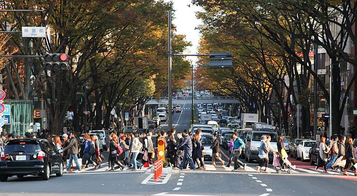 Persone attraversano la strada ad Omotesando.