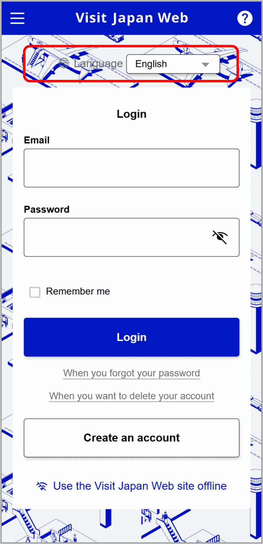 Visit Japan Web: schermata di login con la scelta della lingua