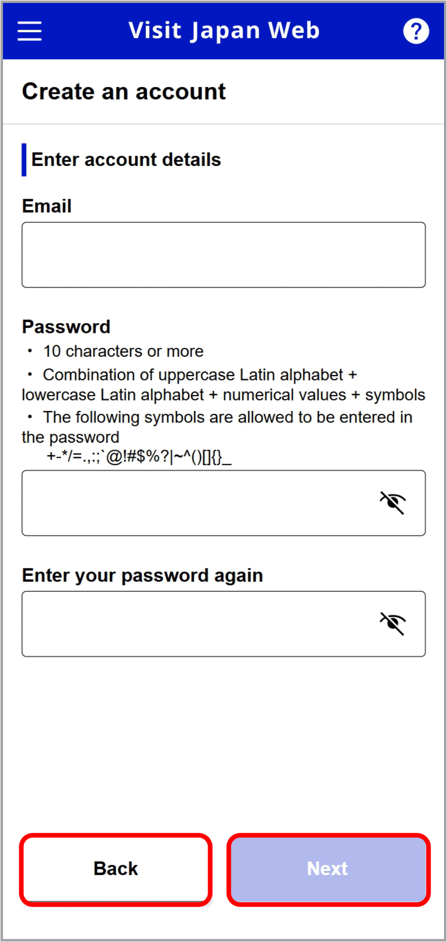 Visit Japan Web: creazione dell'account con email e password