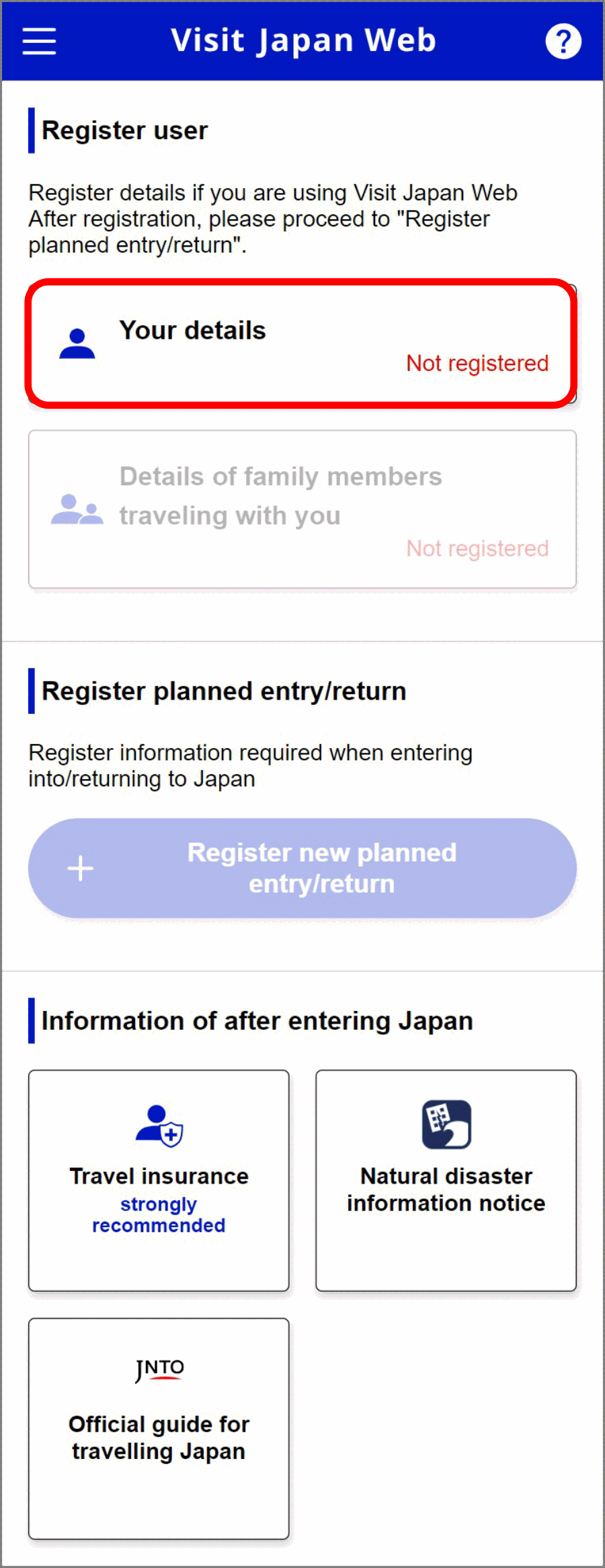 Visit Japan Web: home con i passaggi da completare in ordine