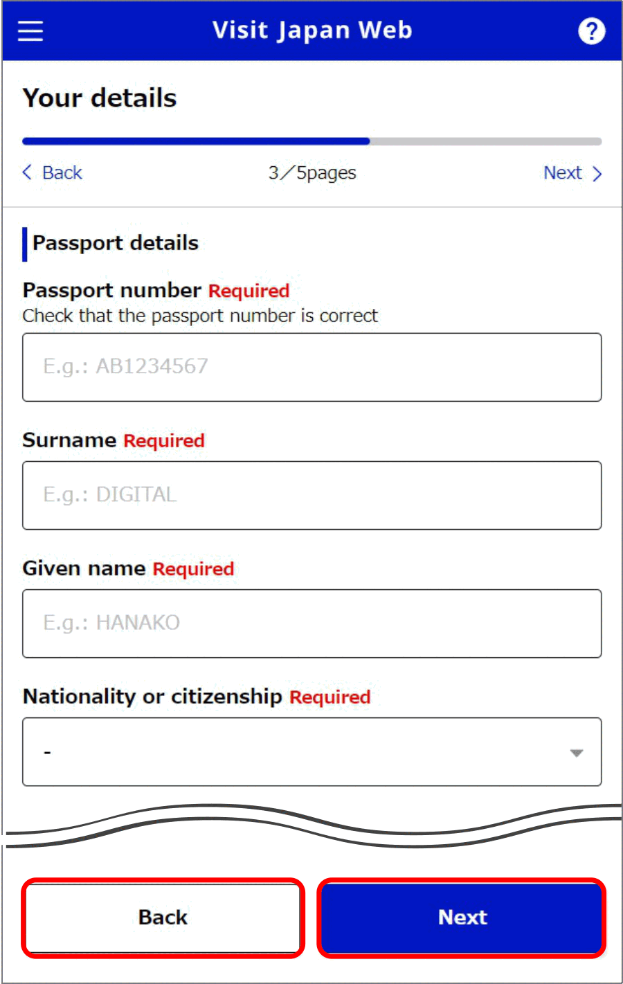 Visit Japan Web: inserimento dei dati del passaporto