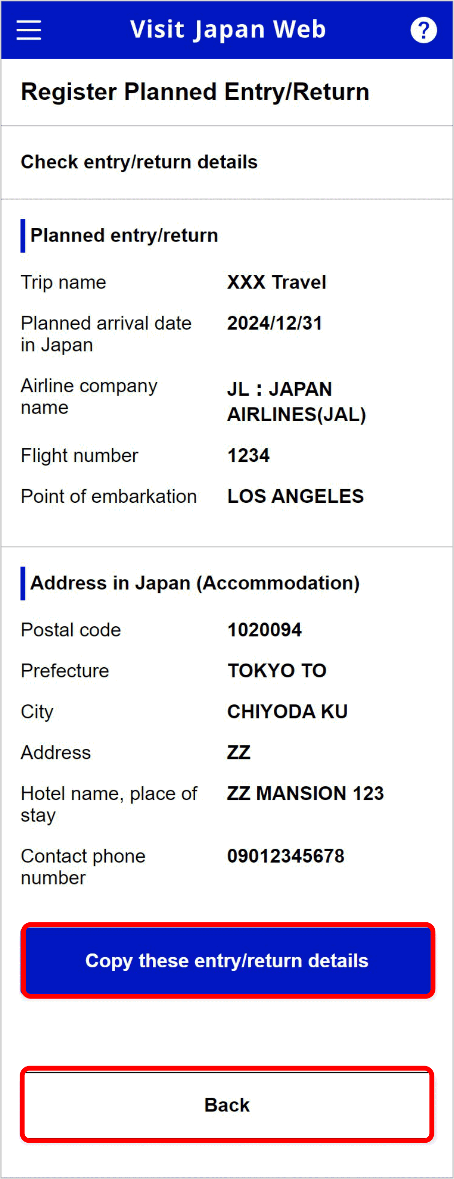 Visit Japan Web: riepilogo del viaggio con volo, data di arrivo e alloggio