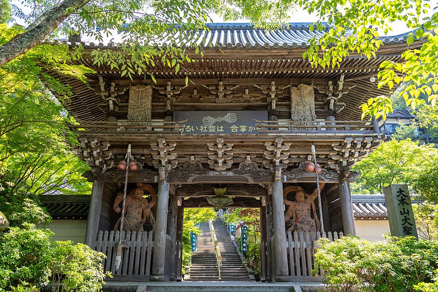 Cancello monumentale in legno del tempio Daisho-in immerso nel verde con scalinata in pietra sullo sfondo a Miyajima.