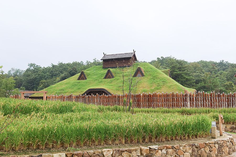 Struttura architettonica con tetto erboso all'interno del Ghibli Park a Nagakute.