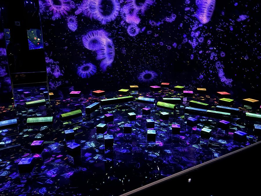 Installazione artistica interattiva al buio con proiezioni luminose, cubi colorati e panchine in una sala di Kyoto.
