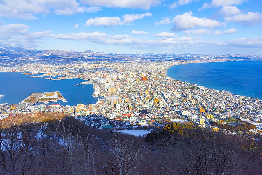 Veduta panoramica dall'alto della città di Hakodate in Giappone, circondata dal mare e dalle montagne.