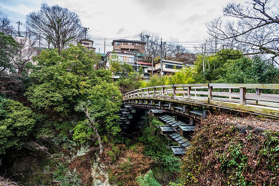 Ponte in legno a sbalzo di Saruhashi immerso in una fitta vegetazione boschiva sotto case residenziali.