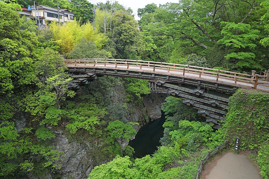 Veduta del ponte in legno di Saruhashi immerso tra alberi rigogliosi sopra una gola rocciosa.
