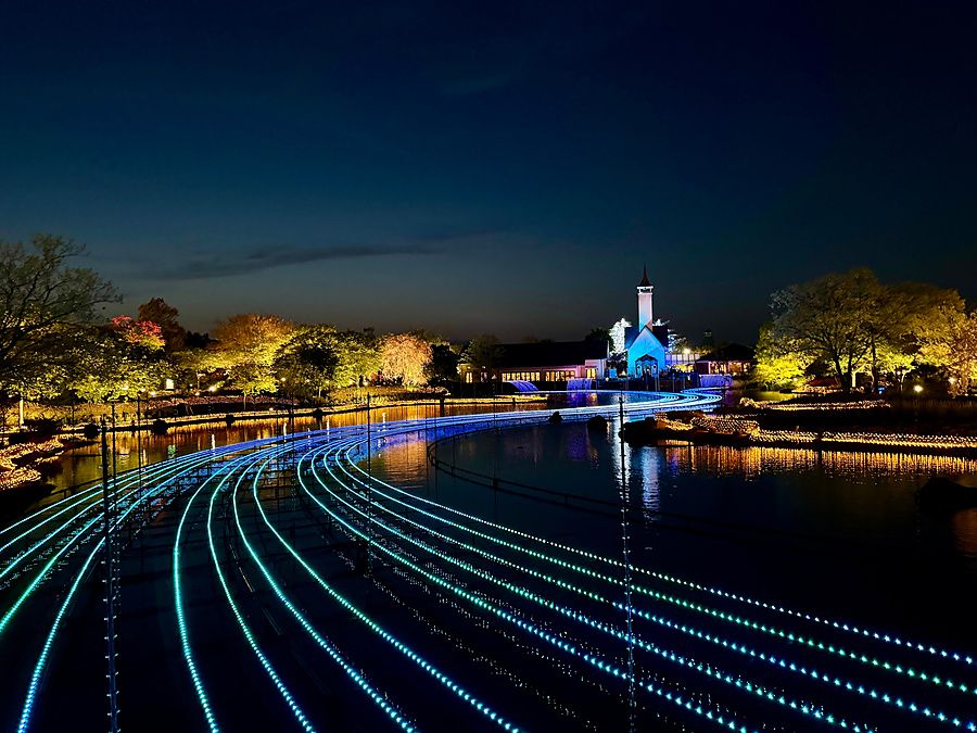 Sentieri luminosi a LED attraversano un bacino d'acqua nel parco Nabana No Sato di notte.