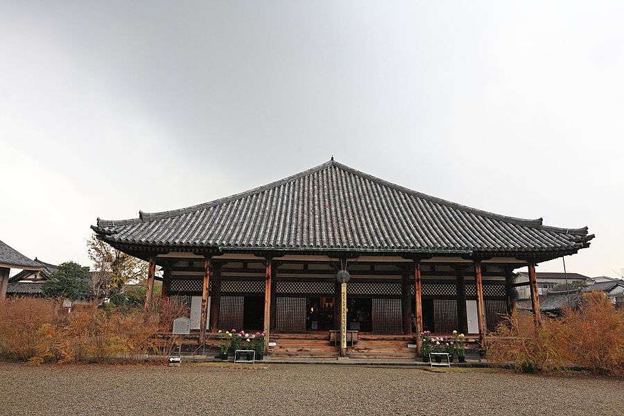 Veduta frontale dell'edificio principale del tempio Gango-ji a Nara con tetto a tegole grigie e colonne in legno.