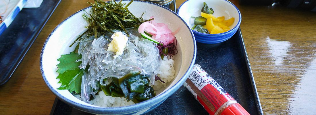 Donburi con pesci shirasu al ristorante Uomitei.