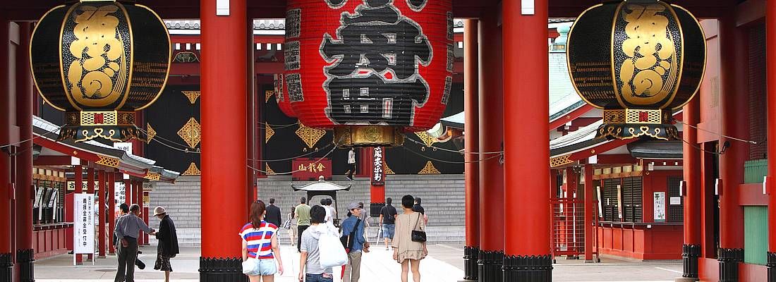 Dettaglio del portale Hozomon e sullo sfondo si intravede il tempio Senso-ji, ad Asakusa. 