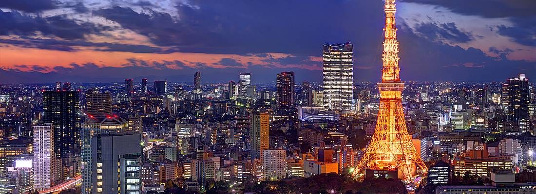 Lo skyline di Tokyo, e la Tokyo Tower illuminata, di sera.