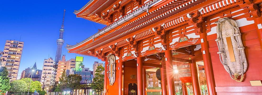 Il tempio Senso-ji di Asakusa e in lontananza la Tokyo Sky Tree.