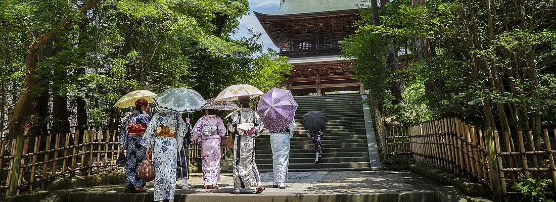Ragazze in Kimono salgono le scale che portano in un tempio a Kamakura.