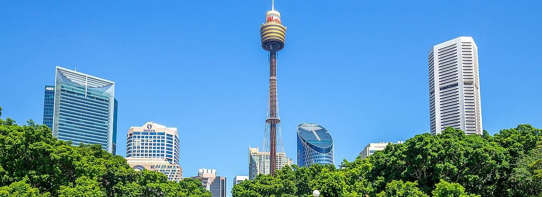 La torre di Sydney e i vicini giardini.