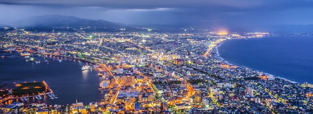 Vista notturna di Hakodate con le luci della città e la costa illuminati.