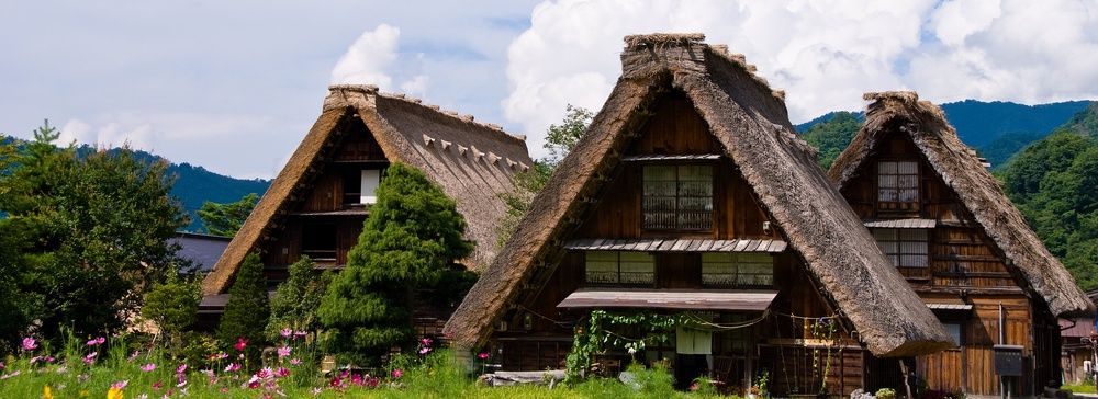 Case tradizionali gassho-zukuri di Shirakawa Go e Gokayama in estate, circondate da natura.