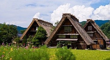 Case dai tetti in paglia, tipiche di Shirakawa-go.