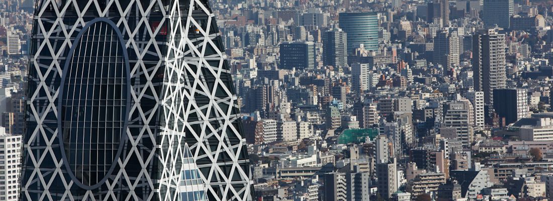 La parte alta della Cocoon Tower in primo piano, e sullo sfondo la città di Tokyo.