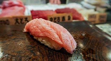 Sushi nigiri di kamatoro al ristorante Maguro Bito di Asakusa.