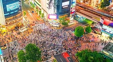 L'incrocio di Shibuya visto dall'alto, di sera, gremito di gente.