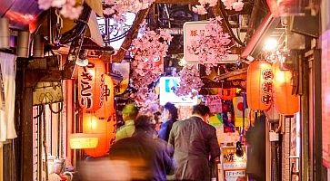 Lanterne tradizionali e persone nella zona di Omoide Yokocho di sera, ricca di ristorantini.