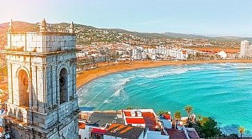 Spain. Valencia,  Peniscola. View of the sea from a height of Pope Luna's Castle. The medieval castle of the Knights Templar on the beach. Beautiful view of the sea and the bay. Mediterranean Sea.