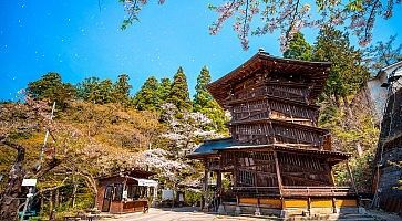 Aizuwakamatsu , Japan - April 21 2018: Aizu Sazaedo Temple or Entsu Sansodo Built in 1796, it's one of the oldest wooden structures of its kind and a designated Important Japanese Cultural Property