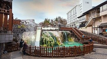Gunma, Japan - April 27 2018: Kusatsu Onsen located about 200 kilometers north-northwest of Tokyo, it is one of Japan's most famous hot spring resorts for centuries